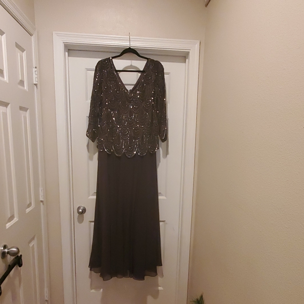 Scallop Sleeved Beaded Evening Gown